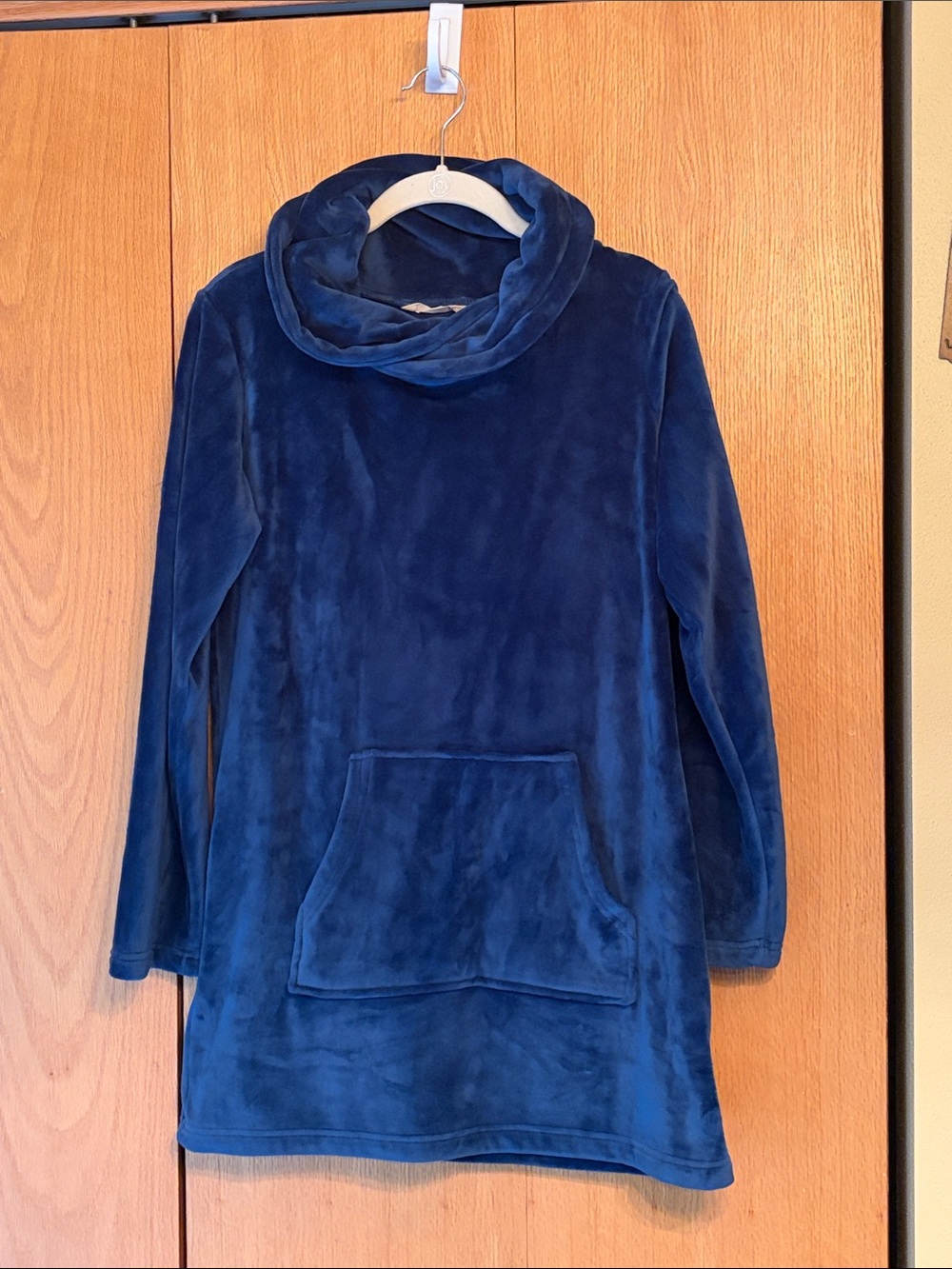 Soft Surroundings XS deep blue velvet oversized cowl tunic top cozy front pocket